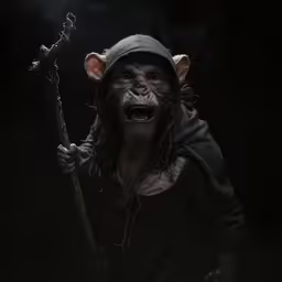 a close up of a demon with a spear