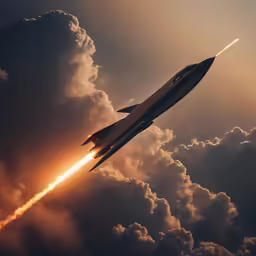 a airplane is flying through the clouds at sunset