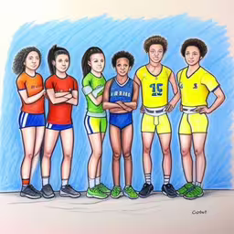 this is an drawing of several female soccer players,a drawing of people in sport uniforms
