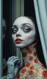woman looking out window from her mannequin costume