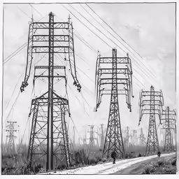 a drawing of electrical towers and people on the road