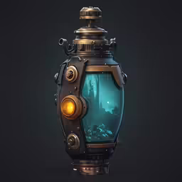 a black and blue lantern in the shape of a ship