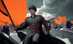 a group of men wearing uniforms and orange flags