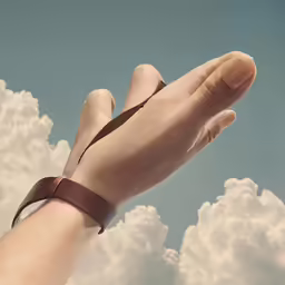 a hand extending out into the air with clouds in the background