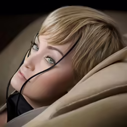 a woman with a black cord and ear phones