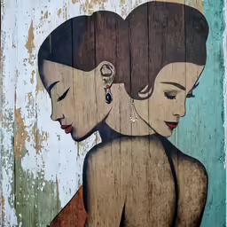 an artistic painting of two women and a baby