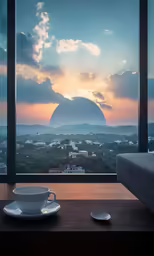 cup and saucer on a table next to a large window