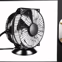 the wall mounted fan with a white clock behind it