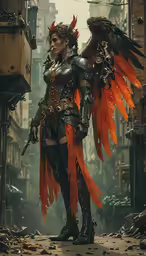 a futuristic woman with wings and orange and black feathers stands in an alleyway