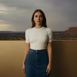 woman standing on a balcony in a white tee shirt