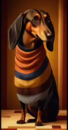 dog in striped sweater sitting down on floor