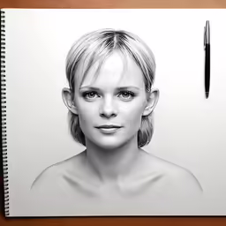 a drawing of a woman on the table with a pen