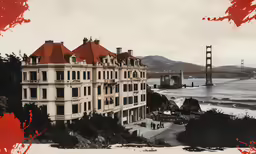 the buildings are in front of the golden gate bridge