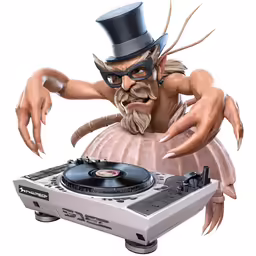 an animated man dj in a top hat is dancing around a turntable