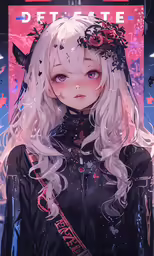 a drawing of a woman in black with long hair and horns, sitting on a red sign