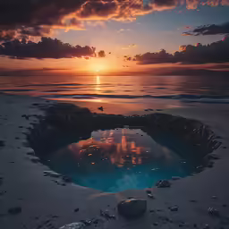 a hole in the sand is surrounded by water at sunset