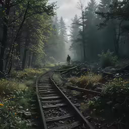 a person standing on a railroad track in the woods