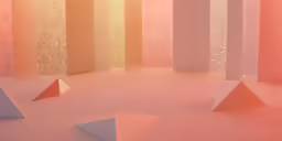 many white and pink objects are standing in an empty room