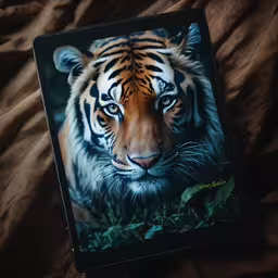 a close up of a phone case with a picture of a tiger on it