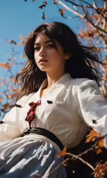 a woman standing by some leaves in the day