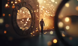 a reflection of a man in front of a building clock