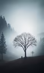 a lone man stands next to a lone tree on a foggy night
