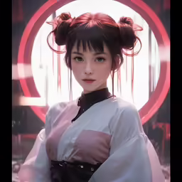 a chinese doll with a japanese background and circles around her