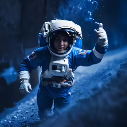 a kid dressed in space suit holding a fire hose