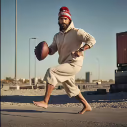 a man holding a football while walking across a street