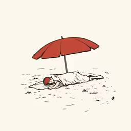 a cartoon character is lying on the sand under an umbrella