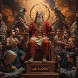 a man with a big beard sitting in a chair surrounded by other people