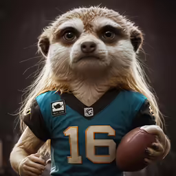 a meerkat wearing an old school football uniform holding a football
