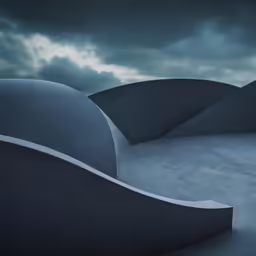 a cement structure under dark clouds on a cloudy day