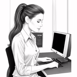 a woman using a computer while sitting in front of a desk