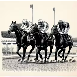 a print shows three horses racing around the track,four horses racing around an outside track