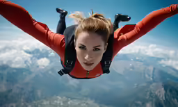 a woman skydiving over a valley on a clear day