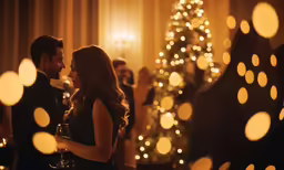 two people are talking while one man drinks champagne