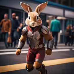 the rabbit wearing a space suit is running down the street