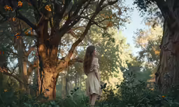 a woman standing in the woods wearing a dress