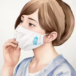 a woman in a hospital scrubs her face with a medical mask