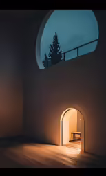 a dark, dimly lit room with an arched window