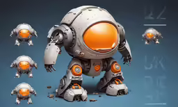 a robot with orange eyes surrounded by little white turtles