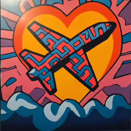 an air plane in the sky next to a heart