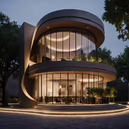 a very modern house with curved walls and glass doors