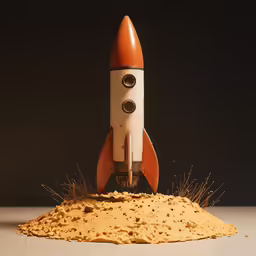 a toy rocket ship made from cement on top of dirt
