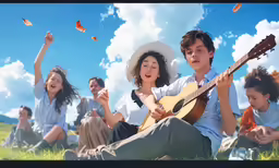 young people sitting in the grass playing guitar and singing