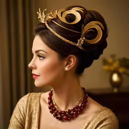 the woman is wearing a tiara made of gold