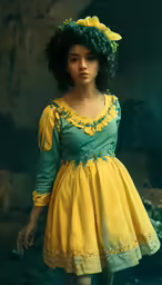 a young girl dressed in an old fashion style with green and yellow