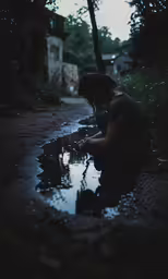 a person kneeling down in a puddle of water