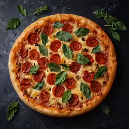 a close up of a pizza with pepperoni and basil